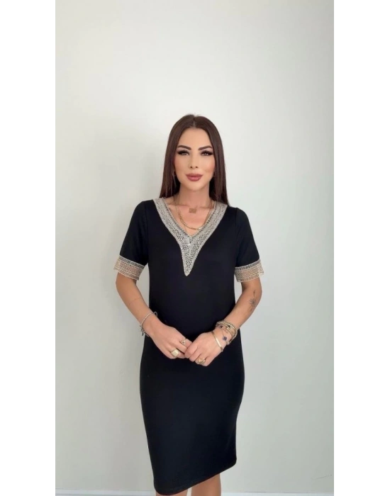 Kadın V Yaka Güpürlü İki İplik Elbise