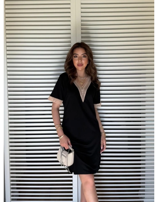 Kadın V Yaka Güpürlü İki İplik Elbise