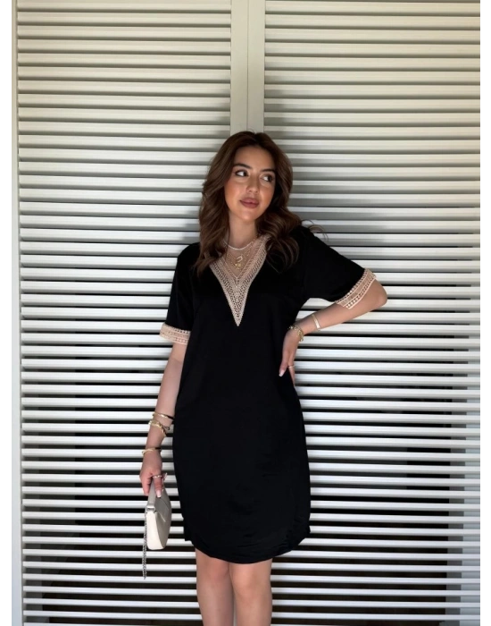 Kadın V Yaka Güpürlü İki İplik Elbise