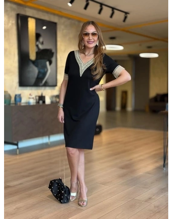 Kadın V Yaka Güpürlü İki İplik Elbise