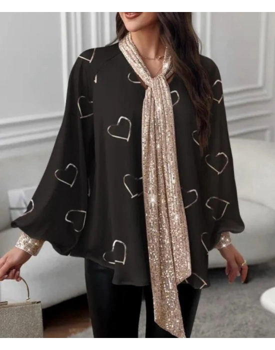 Kadın V Yaka Kalp Baskılı Fular Dahil Fırsat ürün alaş Bluz