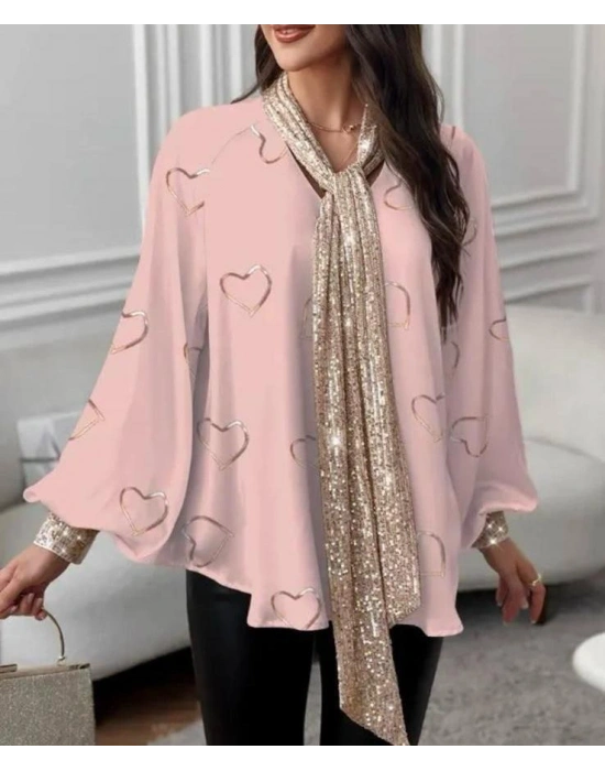 Kadın V Yaka Kalp Baskılı Fular Dahil Fırsat ürün alaş Bluz