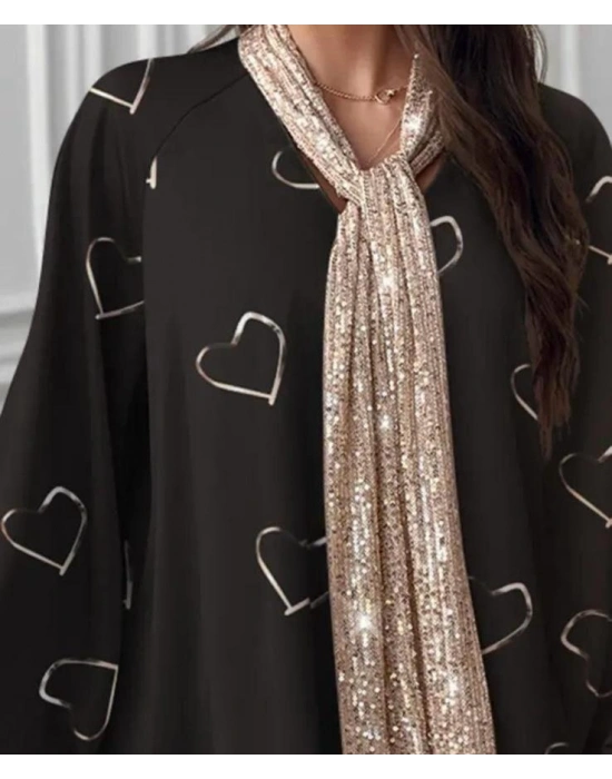 Kadın V Yaka Kalp Baskılı Fular Dahil Fırsat ürün alaş Bluz