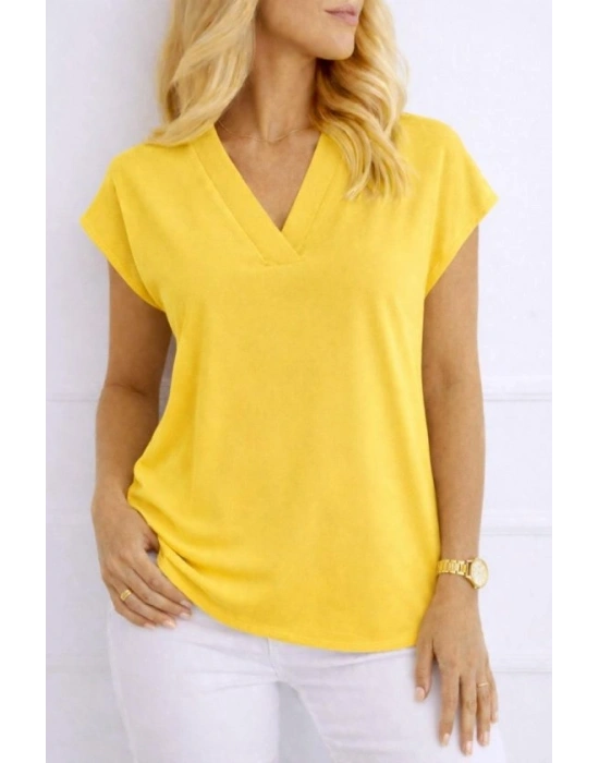Kadın V Yaka Kısa Kol Dokuma Viskon Kumaş Bluz