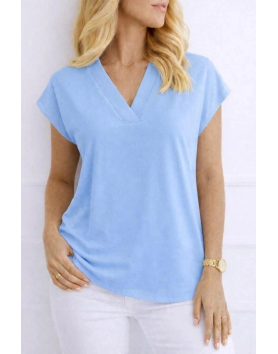 Kadın V Yaka Kısa Kol Dokuma Viskon Kumaş Bluz