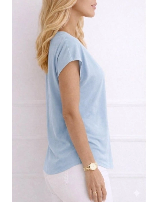 Kadın V Yaka Kısa Kol Dokuma Viskon Kumaş Bluz