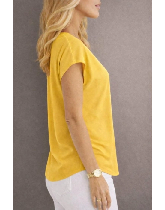 Kadın V Yaka Kısa Kol Dokuma Viskon Kumaş Bluz