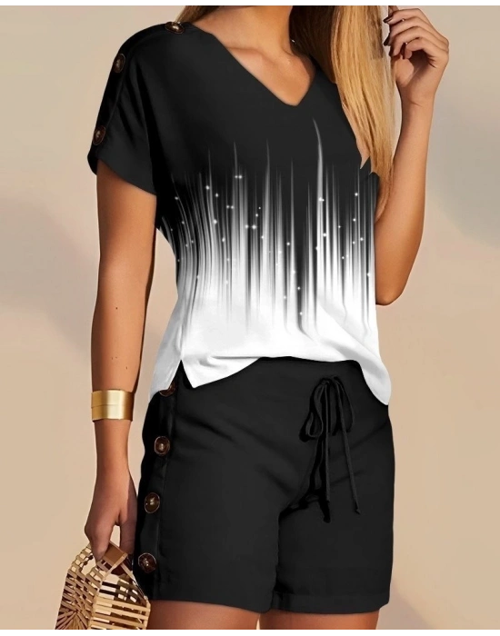 Kadın V Yaka Kısa Kol Kenarları Minik Yırtmaç Detaylı Dalgıç Bluz + Düğme Detaylı Dalgıç şort