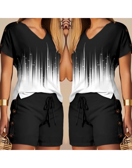 Kadın V Yaka Kısa Kol Kenarları Minik Yırtmaç Detaylı Dalgıç Bluz + Düğme Detaylı Dalgıç şort