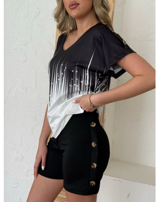 Kadın V Yaka Kısa Kol Kenarları Minik Yırtmaç Detaylı Dalgıç Bluz + Düğme Detaylı Dalgıç şort