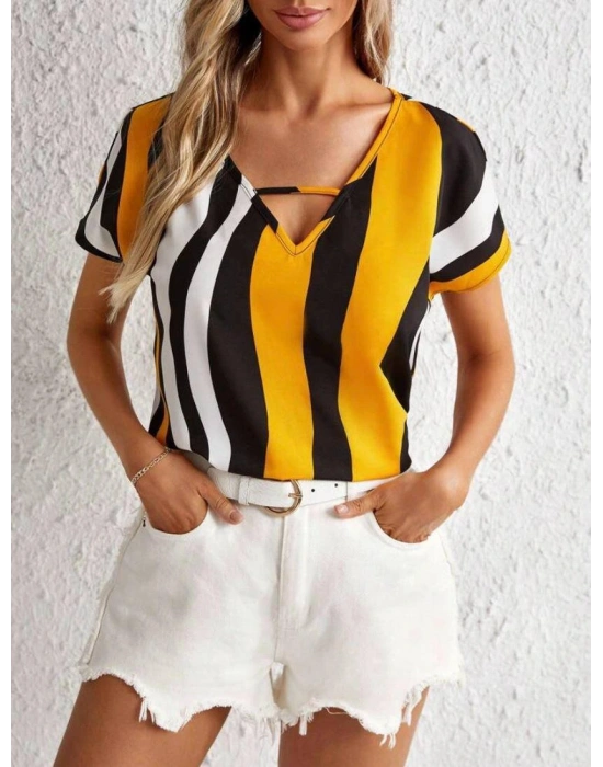 Kadın V Yaka Kısa Kol Mikro Bluz
