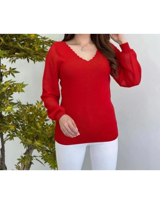 Kadın V Yaka Kolları Dökümlü Tül Detay Triko Bluz
