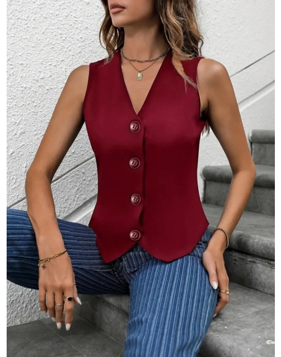 Kadın V Yaka önden Düğmeli Ithal Krep Yelek