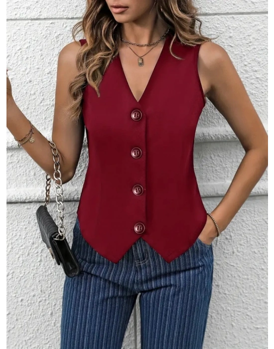 Kadın V Yaka önden Düğmeli Ithal Krep Yelek