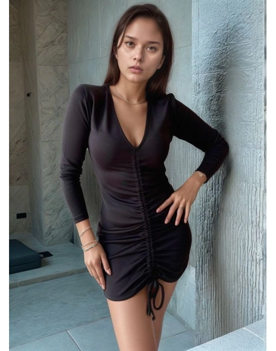 Kadın V Yaka önü Asansör Büzgü Detay Fırsat ürün ini Elbise