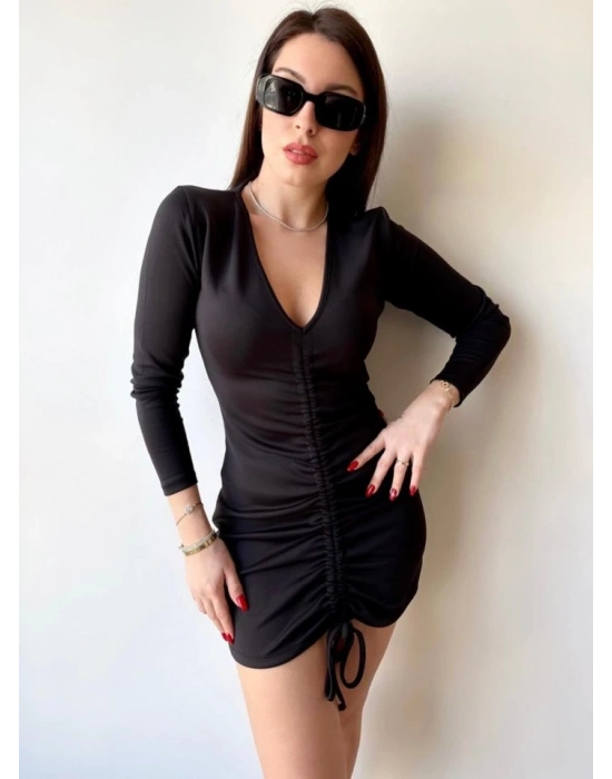 Kadın V Yaka önü Asansör Büzgü Detay Fırsat ürün ini Elbise