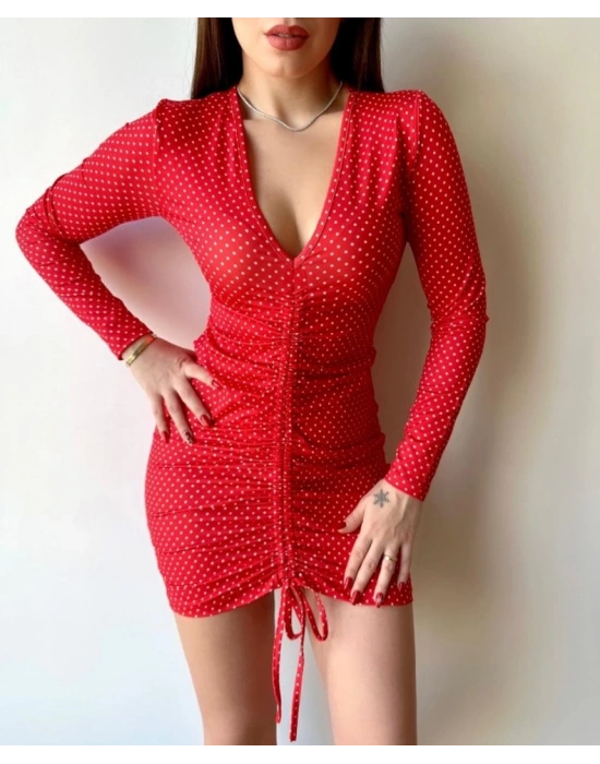 Kadın V Yaka önü Asansör Büzgü Detay Fırsat ürün Puantiyeli Mini Elbise