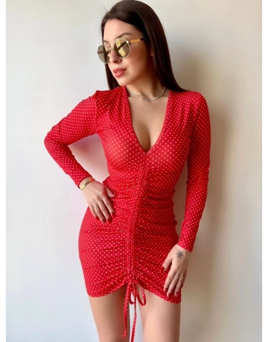 Kadın V Yaka önü Asansör Büzgü Detay Fırsat ürün Puantiyeli Mini Elbise