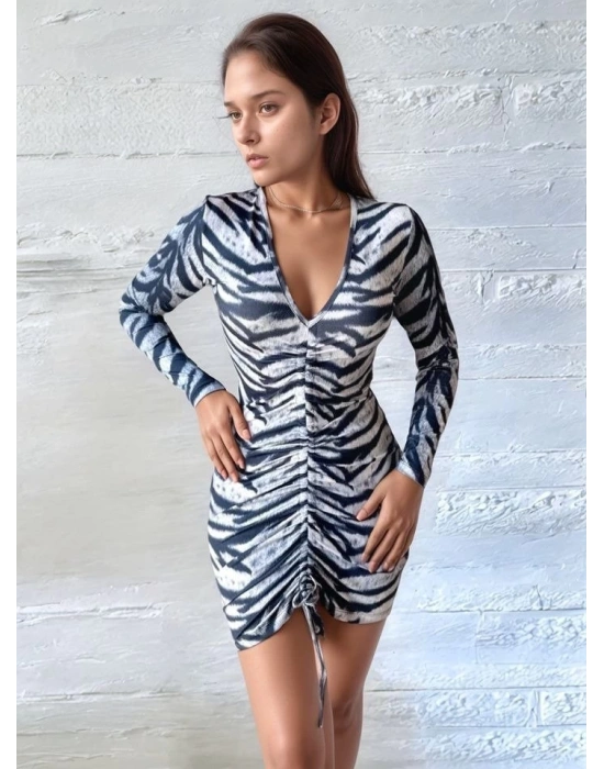 Kadın V Yaka önü Asansör Büzgü Detay Fırsat ürün Zebra ini Elbise