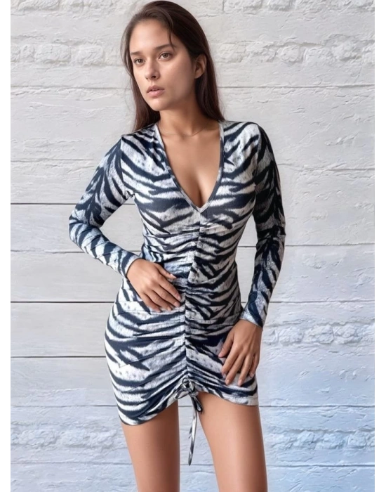 Kadın V Yaka önü Asansör Büzgü Detay Fırsat ürün Zebra ini Elbise