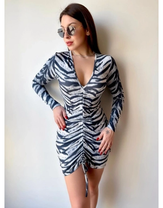Kadın V Yaka önü Asansör Büzgü Detay Fırsat ürün Zebra ini Elbise