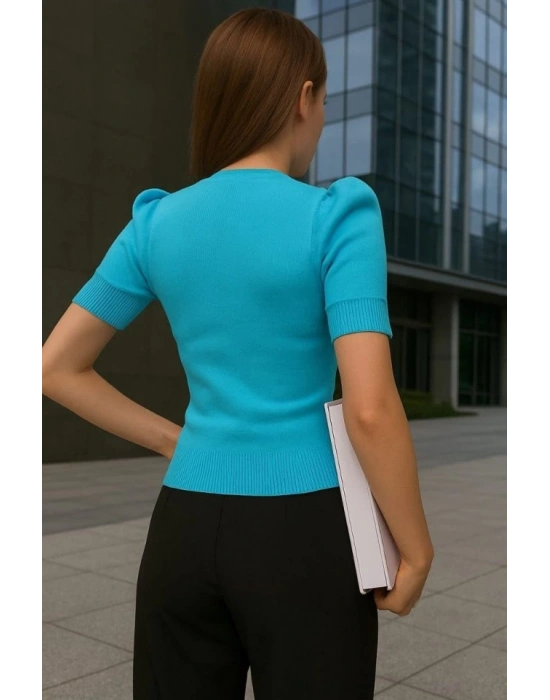 Kadın V Yaka Önü Büzgü Detaylı Triko Bluz