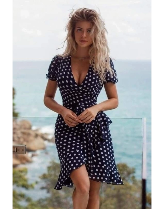 Kadın V Yaka Puantiyeli Detay Bağcık Dahil Diz üstü Elbise