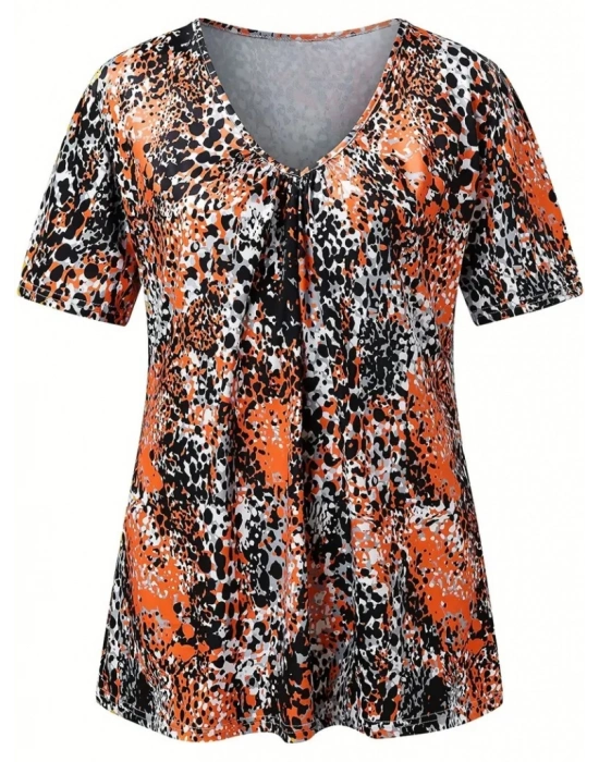 Kadın V Yaka Renkli Leopar Desen Büzgü Detay Süprem Bluz