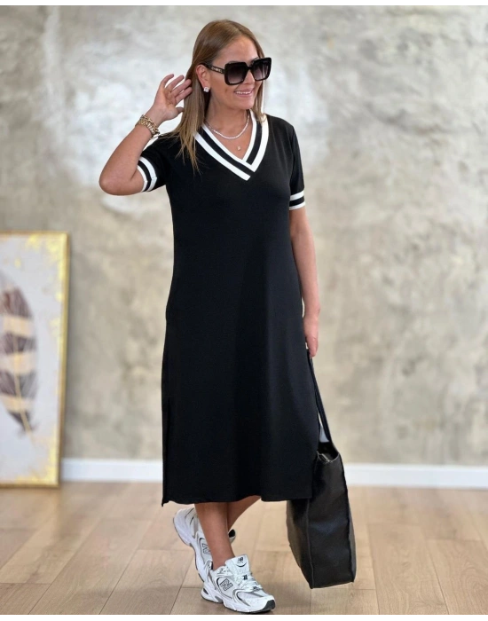 Kadın V Yaka Ribana Detay Midiboy Elbise