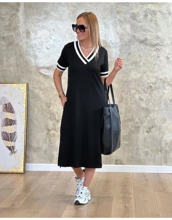 Kadın V Yaka Ribana Detay Midiboy Elbise