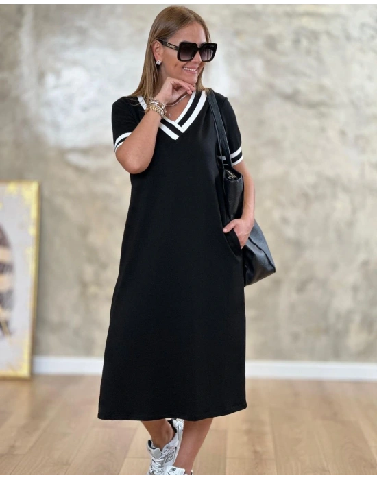 Kadın V Yaka Ribana Detay Midiboy Elbise