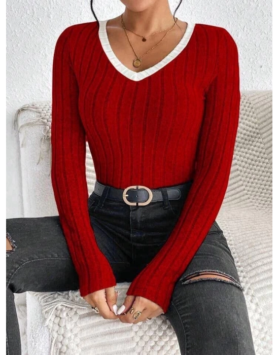 Kadın V Yaka Ribana Ve Garni Detay ardonlu Kaşkorse Kumaş Bluz