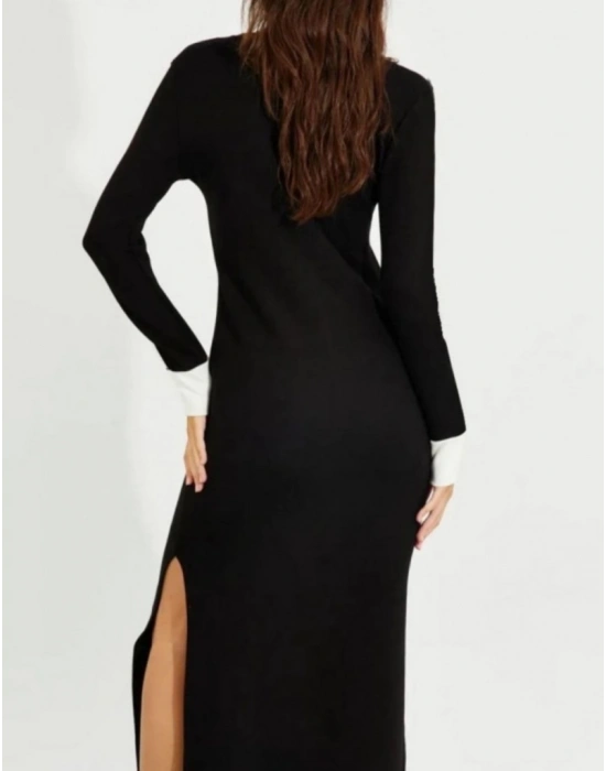 Kadın V Yaka Şerit Detaylı Çift Yırtmaçlı Elbise