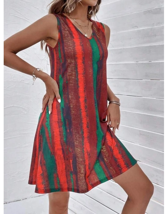 Kadın V Yaka Sıfır Kol Desenli Süprem Elbise