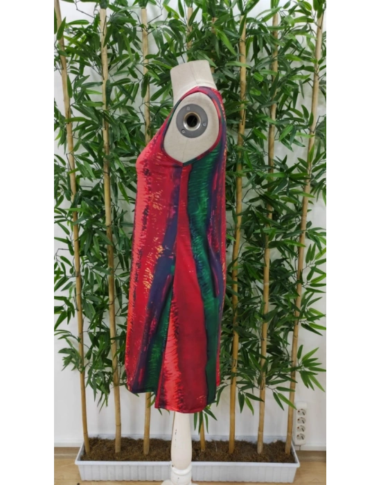 Kadın V Yaka Sıfır Kol Desenli Süprem Elbise