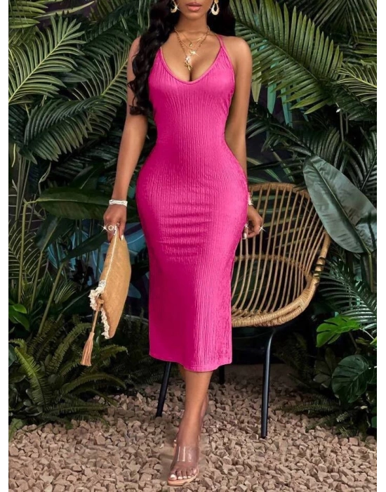 Kadın V Yaka Sırt Dekolte Detaylı Askılı Midi Boy Elbise