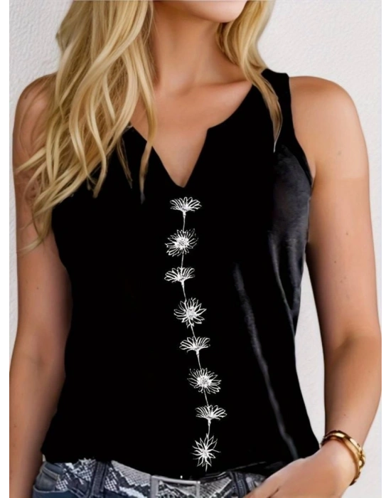 Kadın V Yaka Su Yolu çiçek Baskı Kolsuz Viskon Bluz