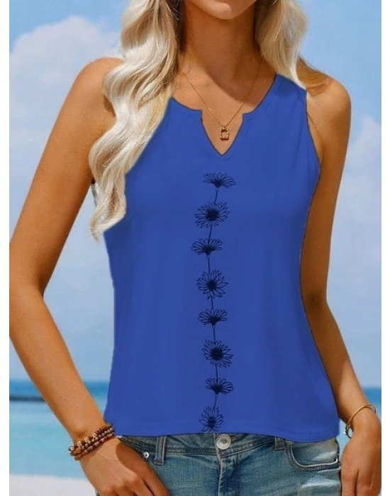 Kadın V Yaka Su Yolu çiçek Baskı Kolsuz Viskon Bluz