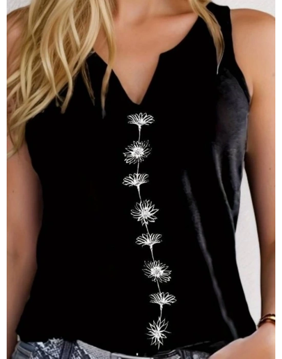 Kadın V Yaka Su Yolu çiçek Baskı Kolsuz Viskon Bluz