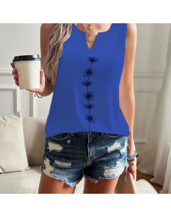 Kadın V Yaka Su Yolu çiçek Baskı Kolsuz Viskon Bluz