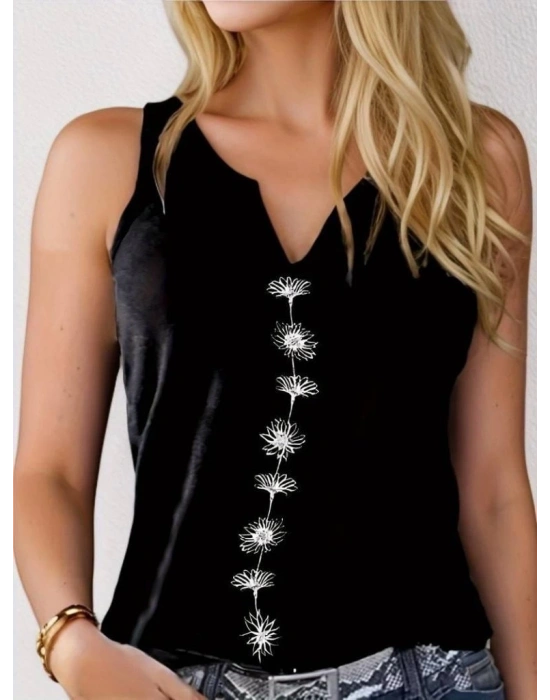 Kadın V Yaka Su Yolu çiçek Baskı Kolsuz Viskon Bluz