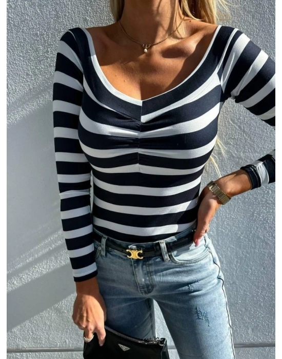 Kadın V Yaka Süprem Kumaş Çizgi Desenli Bluz