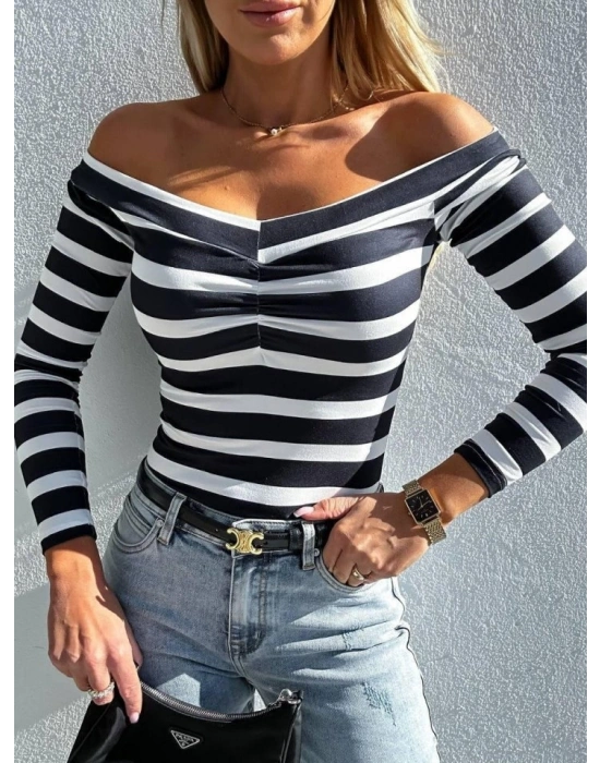 Kadın V Yaka Süprem Kumaş Çizgi Desenli Bluz