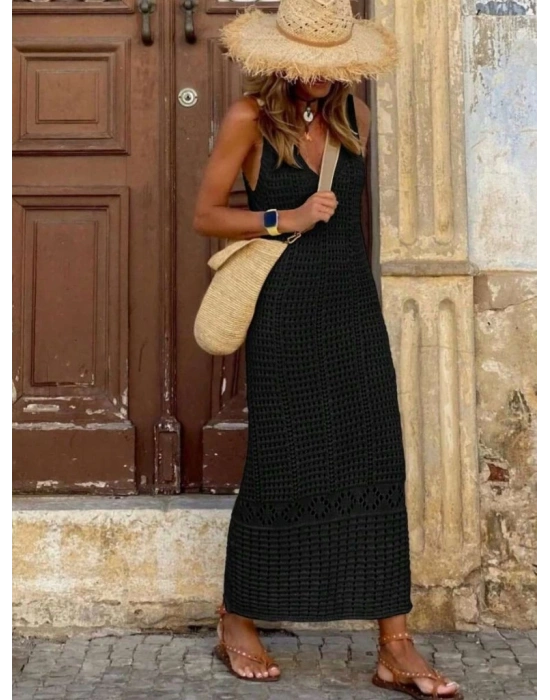 Kadın V Yaka Tam Askılı Tam Boy Ajurlu Triko Elbise