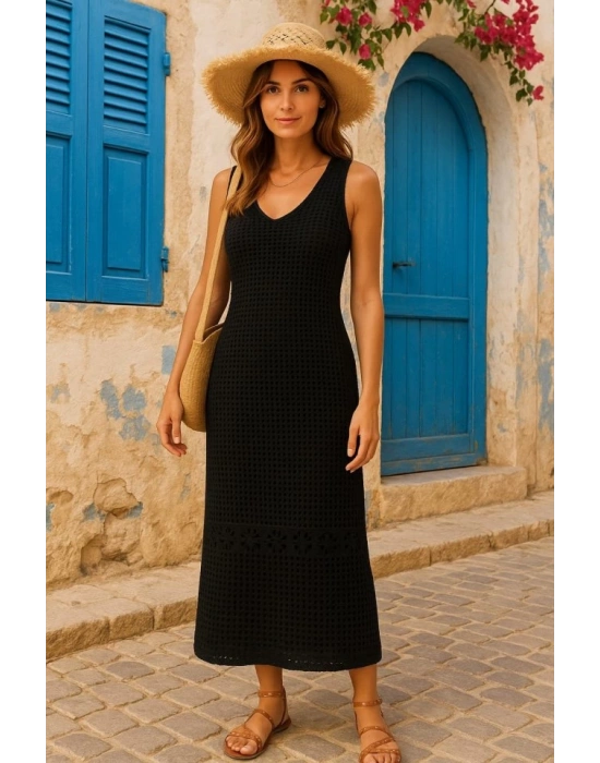 Kadın V Yaka Tam Askılı Tam Boy Ajurlu Triko Elbise