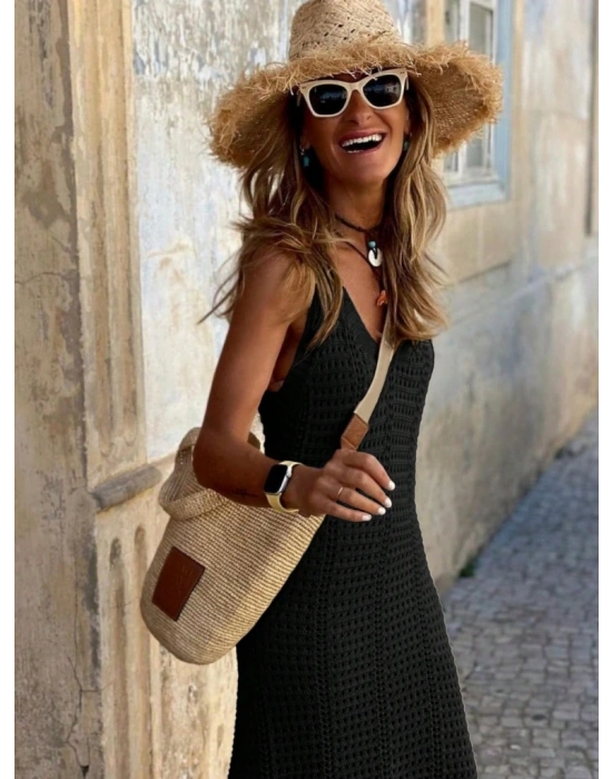 Kadın V Yaka Tam Askılı Tam Boy Ajurlu Triko Elbise