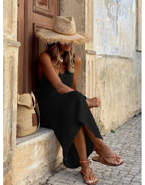 Kadın V Yaka Tam Askılı Tam Boy Ajurlu Triko Elbise