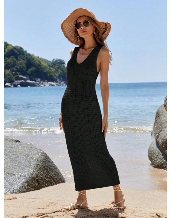 Kadın V Yaka Tam Askılı Tam Boy Ajurlu Triko Elbise