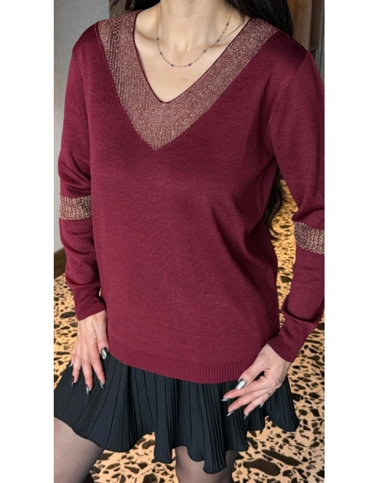 Kadın V Yaka Uzun Kollu Gold Işleme Detay Bluz
