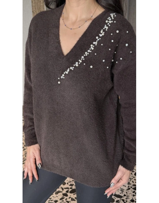 Kadın V Yaka Uzun Kollu Inci Detay Triko Bluz
